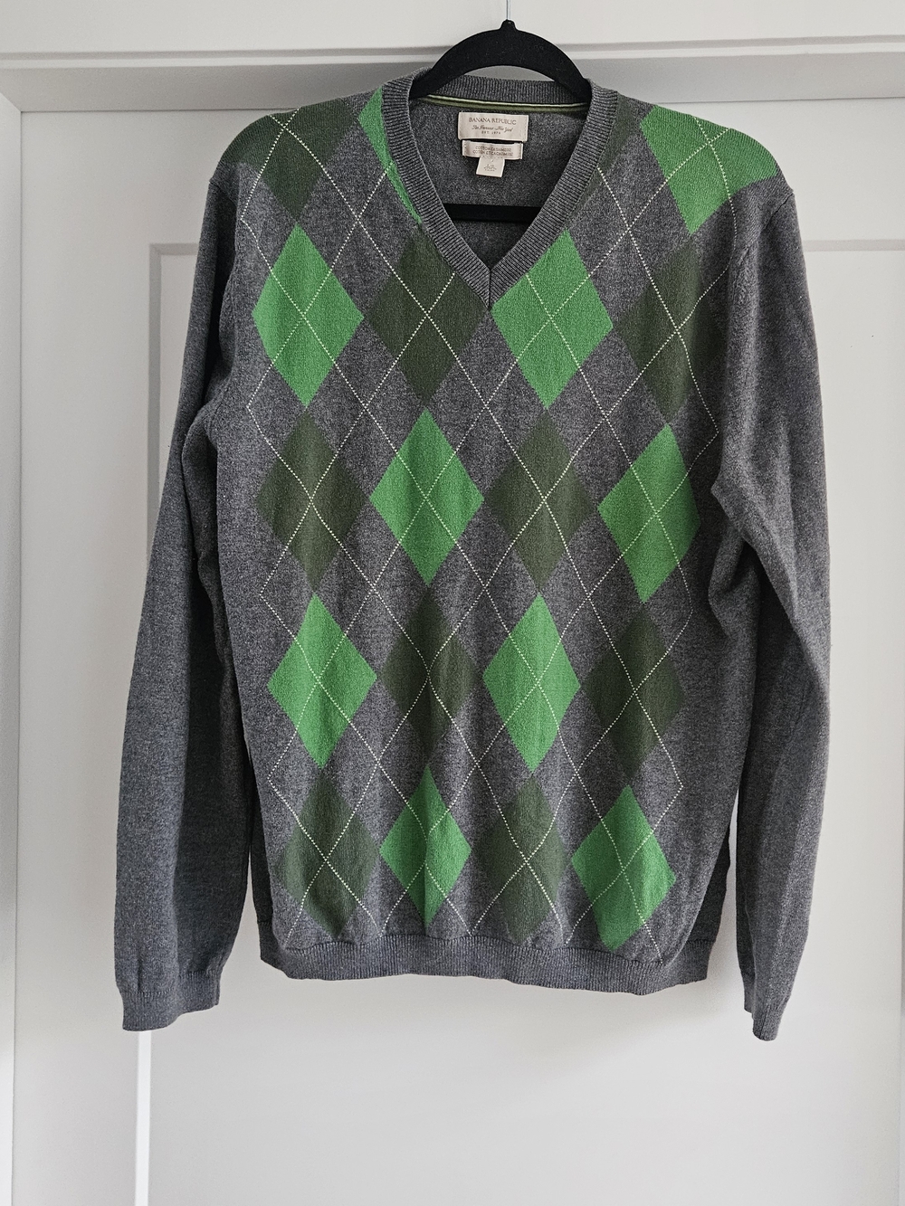 Banana Republic Gray & Green Argyle V-Neck Sweater Cotton Cashmere Blend Sz L
